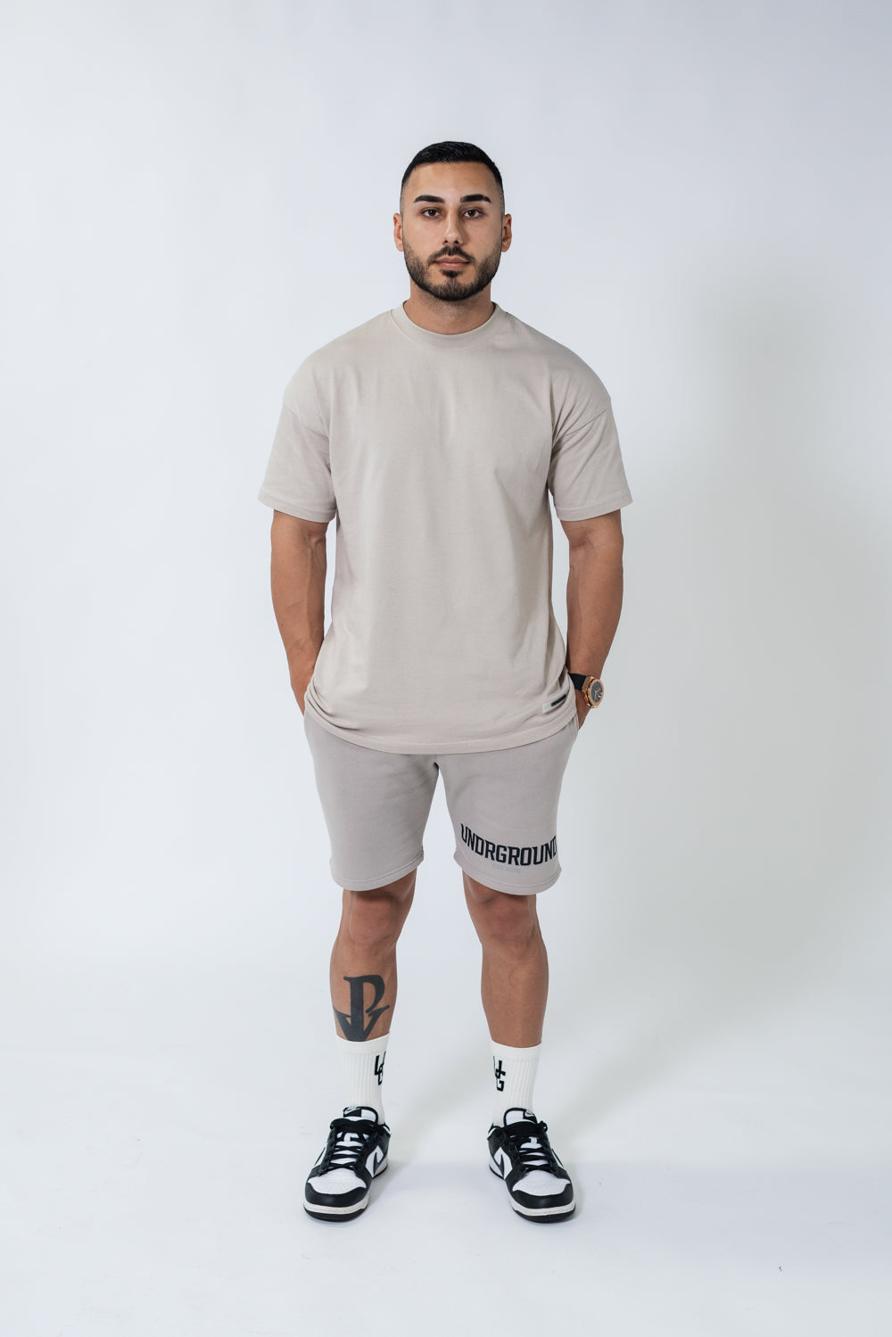 Taupe Double Print Cotton Shorts